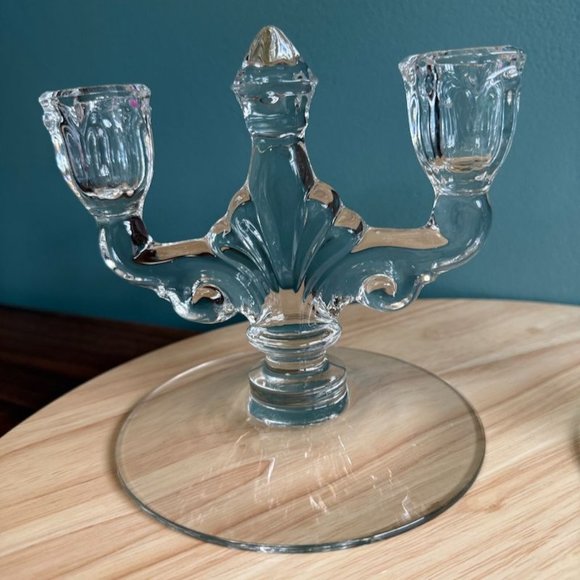 Vintage Pair Heisey Trident Double Candle Holders Crystal Etched Orchid Clear 19 - Picture 8 of 10